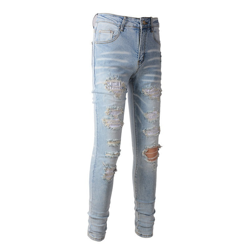Men's Ripped Denim Casual Trousers Slightly Elastic Men's Ripped Denim Casual Trousers Slightly Elastic