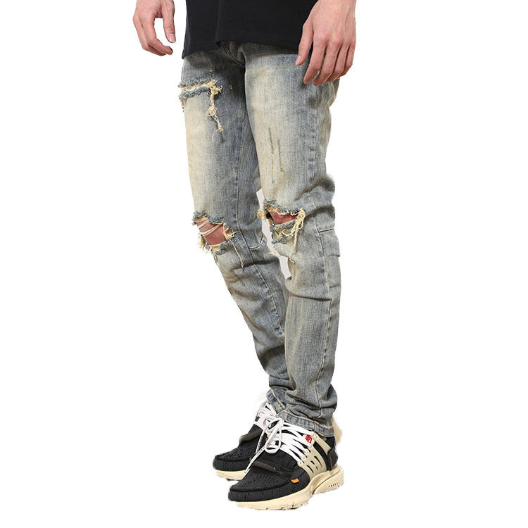Ripped Washed Elastic Mid-waist Denim Trousers Ripped Washed Elastic Mid-waist Denim Trousers