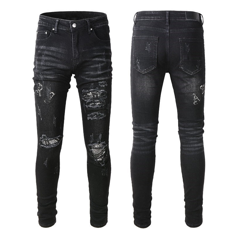 Black Cashew Flower Printed Patch Torn Jeans For Men Black Cashew Flower Printed Patch Torn Jeans For Men