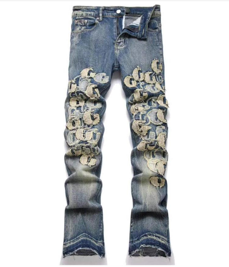 Punk Retro Blue Ripped Slim Elastic Printing Printing And Dyeing Feet Men's Jeans Punk Retro Blue Ripped Slim Elastic Printing Printing And Dyeing Feet Men's Jeans
