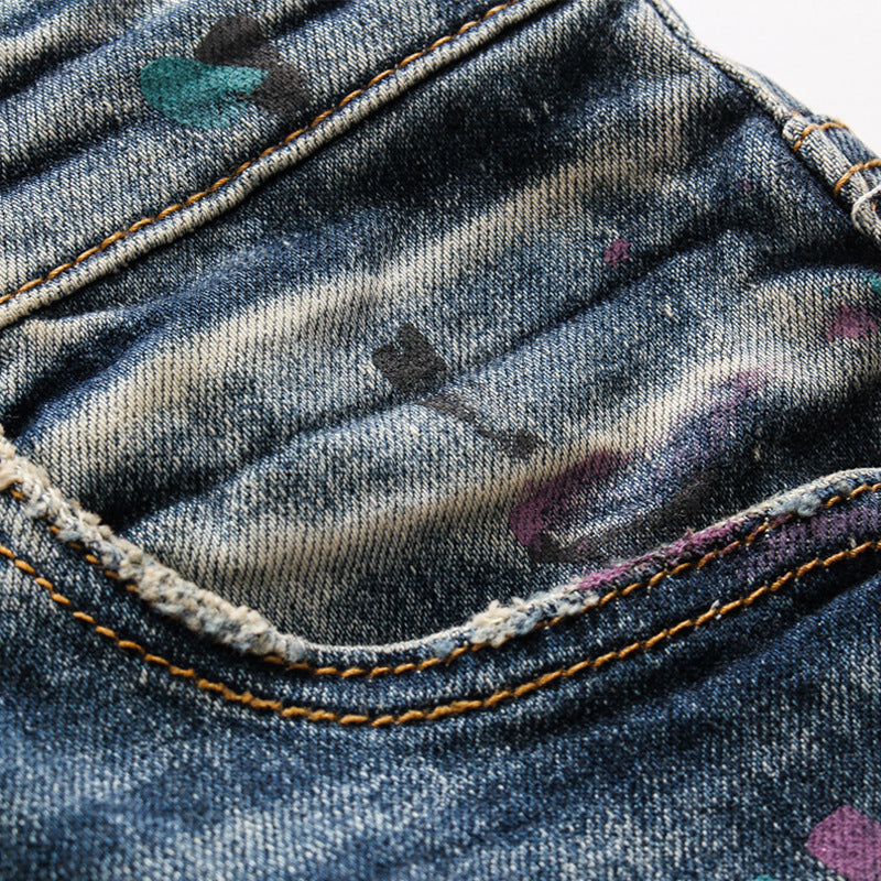 Men's Ripped Patch Jeans Youth Slim Pants Biker Pants Inkjet Personality Men's Ripped Patch Jeans Youth Slim Pants Biker Pants Inkjet Personality