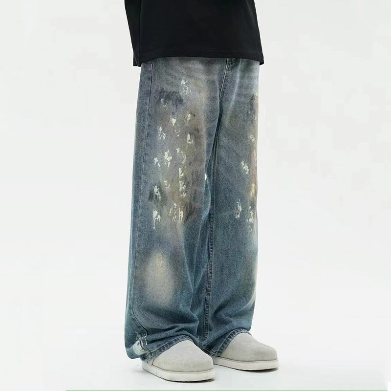Men's Splash-ink Paint American Retro Loose Straight Wide-leg Pants Men's Splash-ink Paint American Retro Loose Straight Wide-leg Pants