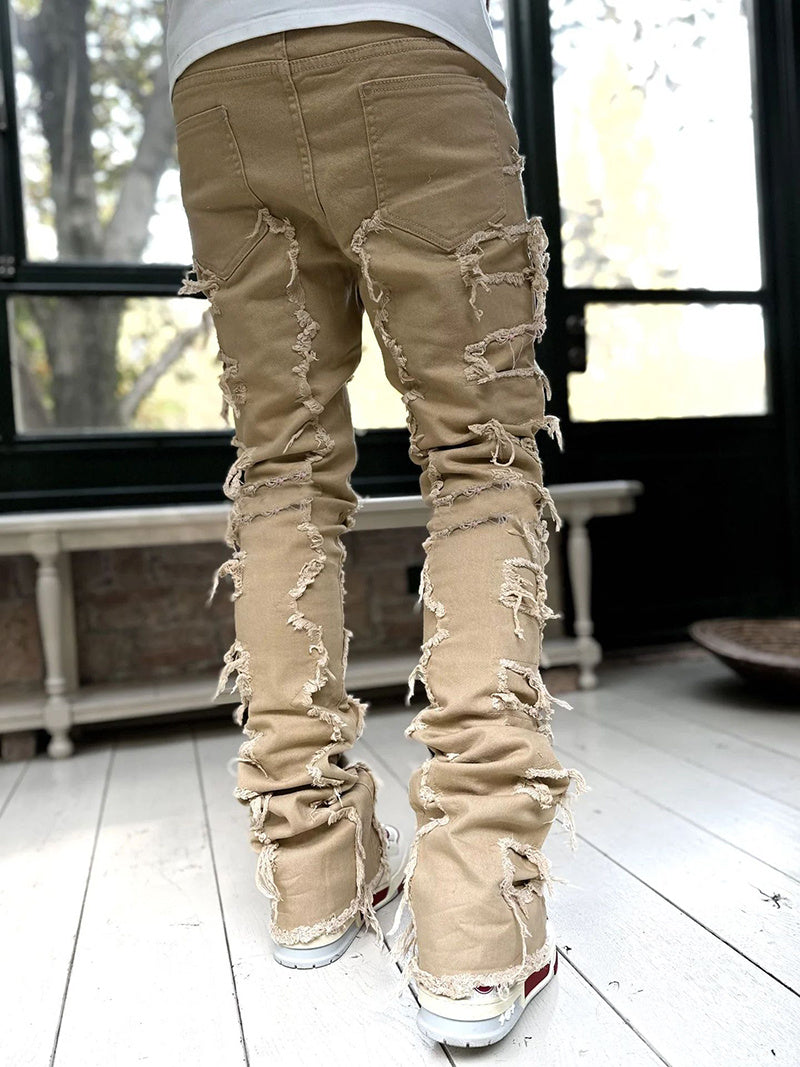 Men Trousers Individual Patched Pants Long Tight Fit Stacked Jeans For Mens Clothing Men Trousers Individual Patched Pants Long Tight Fit Stacked Jeans For Mens Clothing