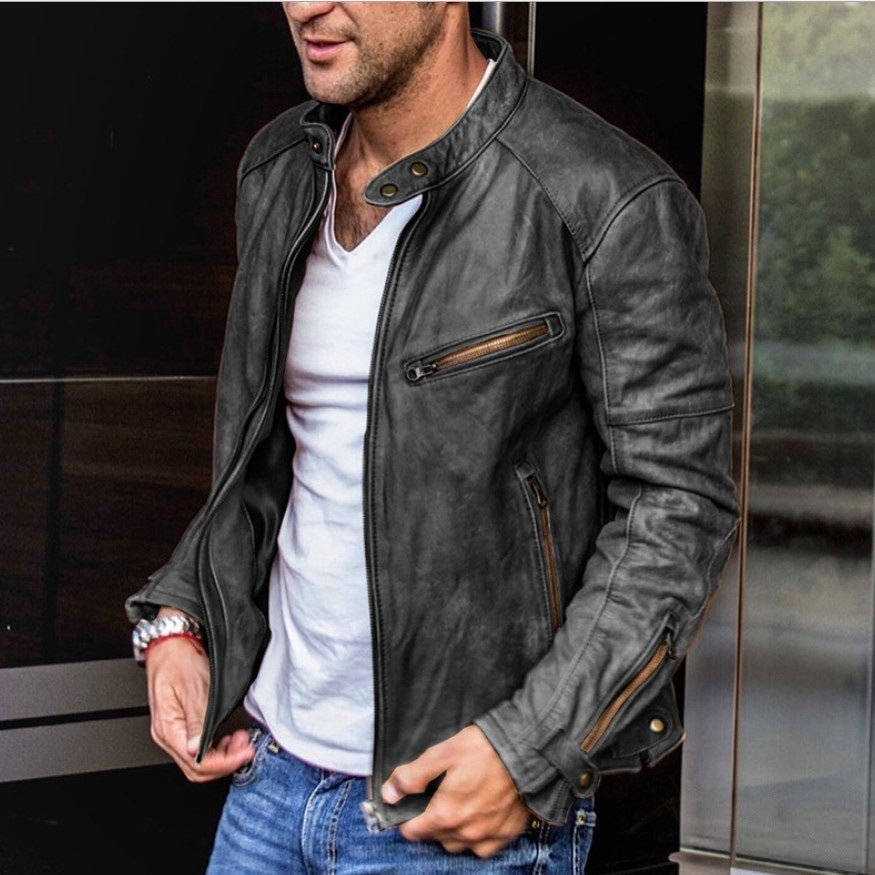 Fall Winter Men PU Leather Stand Collar Punk Fall Winter Men PU Leather Stand Collar Punk