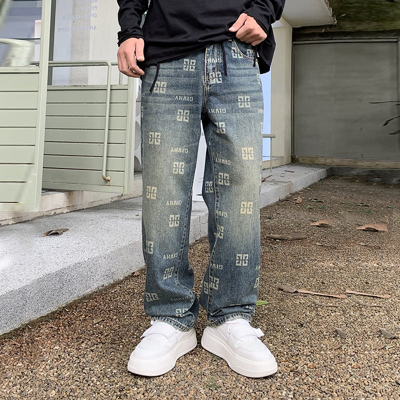 Men's Printed Jeans Straight Fashion Loose Casual Pants Men's Printed Jeans Straight Fashion Loose Casual Pants