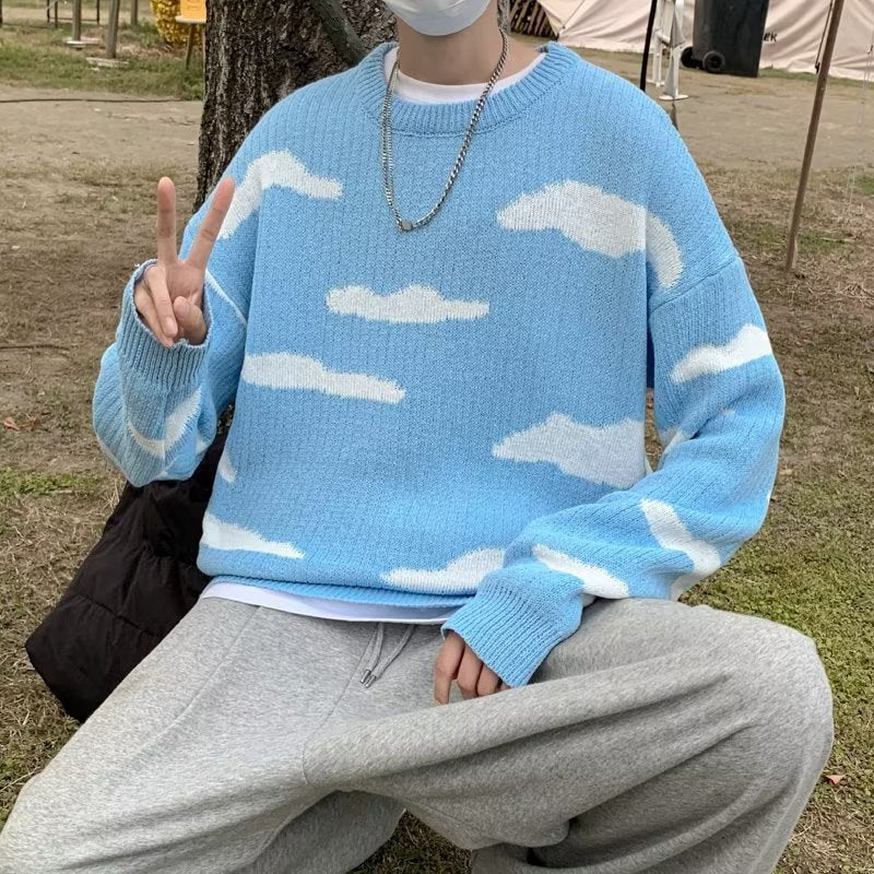 Vintage Blue Sky White Clouds Jacquard Loose-fitting Knitted Sweater Vintage Blue Sky White Clouds Jacquard Loose-fitting Knitted Sweater