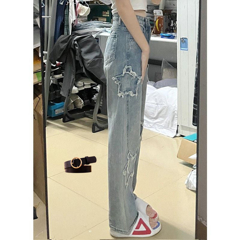 Blue XINGX Embroidered Jeans Women Loose Straight-leg Wide-leg Pants Blue XINGX Embroidered Jeans Women Loose Straight-leg Wide-leg Pants