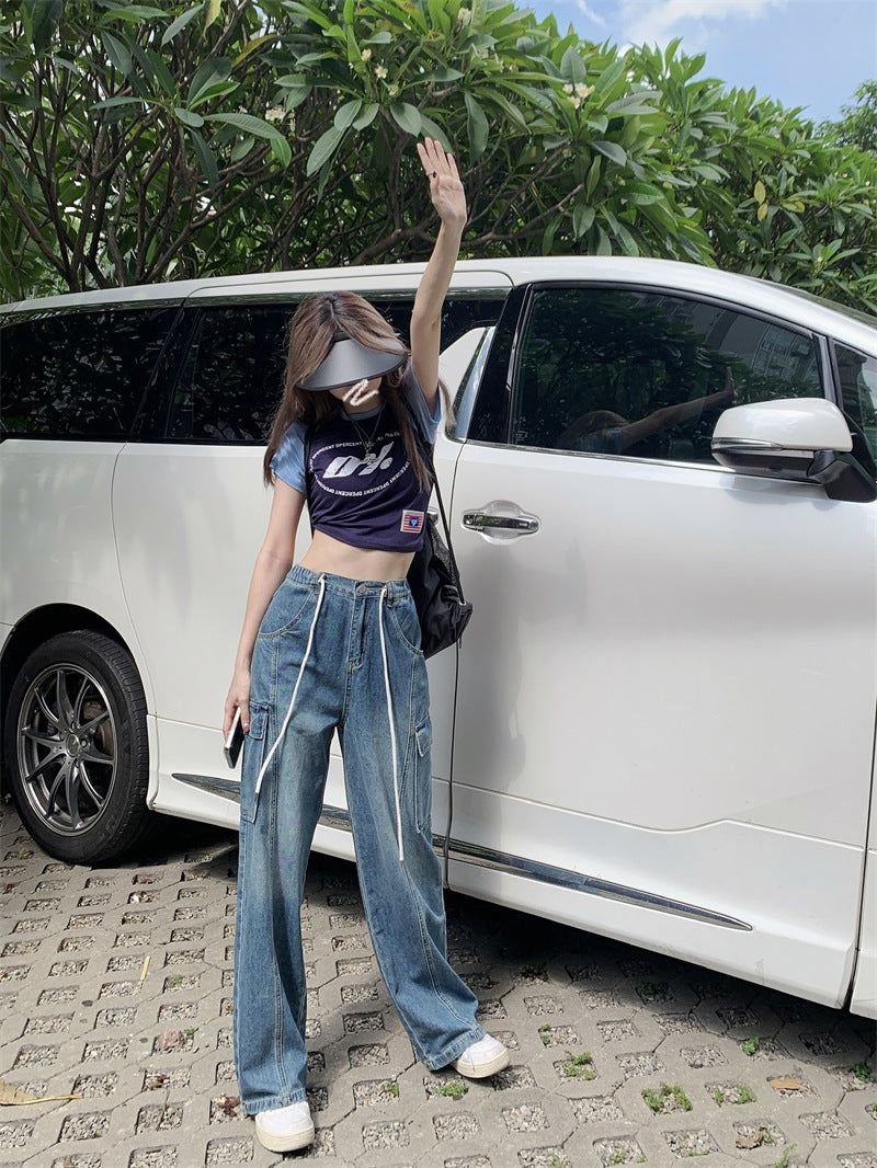 American High Street Drawstring Elastic Waist Jeans Women American High Street Drawstring Elastic Waist Jeans Women