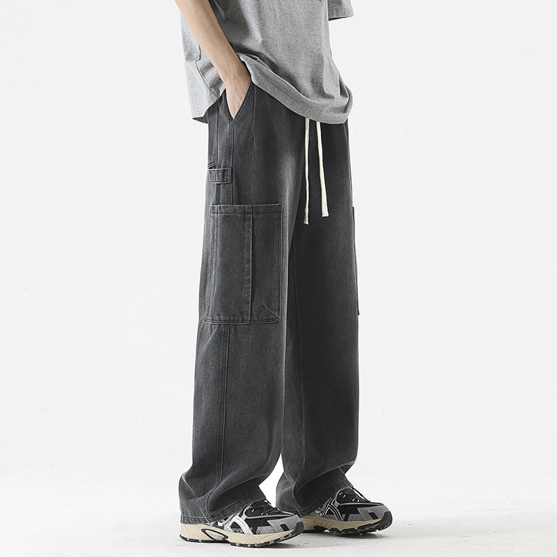 Retro Washed Big Workwear With Pocket Jeans For Men Retro Washed Big Workwear With Pocket Jeans For Men