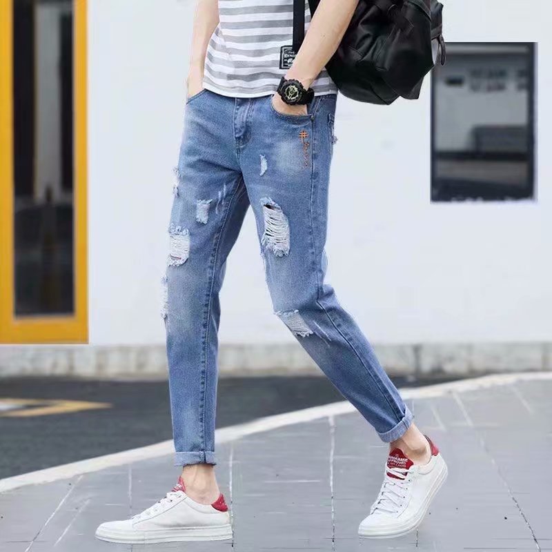 Autumn Men's Cropped Broken Holes Pants Jeans Autumn Men's Cropped Broken Holes Pants Jeans