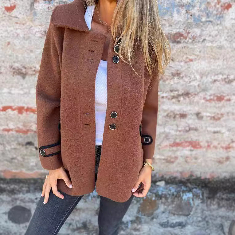 Solid Color Polo Collar Single-breasted Long Sleeve Coat Solid Color Polo Collar Single-breasted Long Sleeve Coat