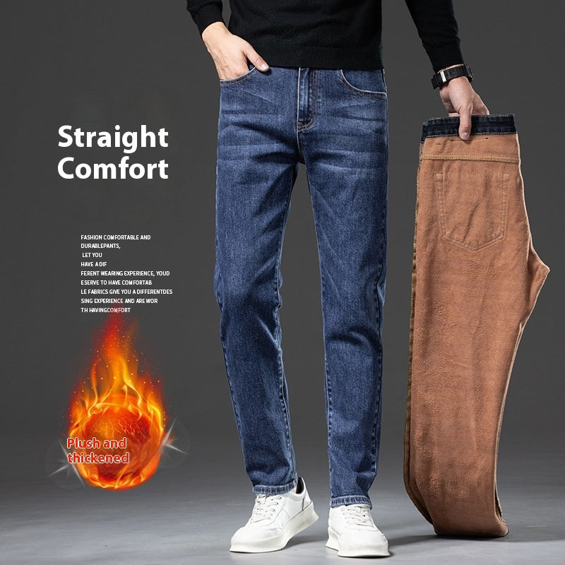Fleece Padded Jeans Men's Straight Slim Elastic Thickening Fleece Padded Jeans Men's Straight Slim Elastic Thickening