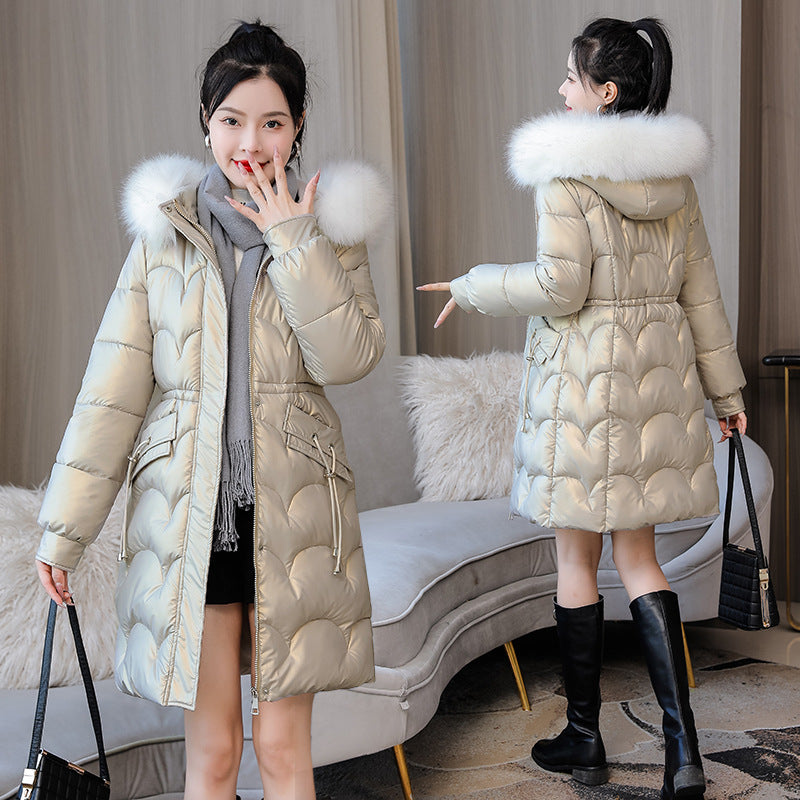Glossy Women's Mid-length Thickened Warm Slim-fit Figure Flattering Fur Collar Cotton Clothes Glossy Women's Mid-length Thickened Warm Slim-fit Figure Flattering Fur Collar Cotton Clothes