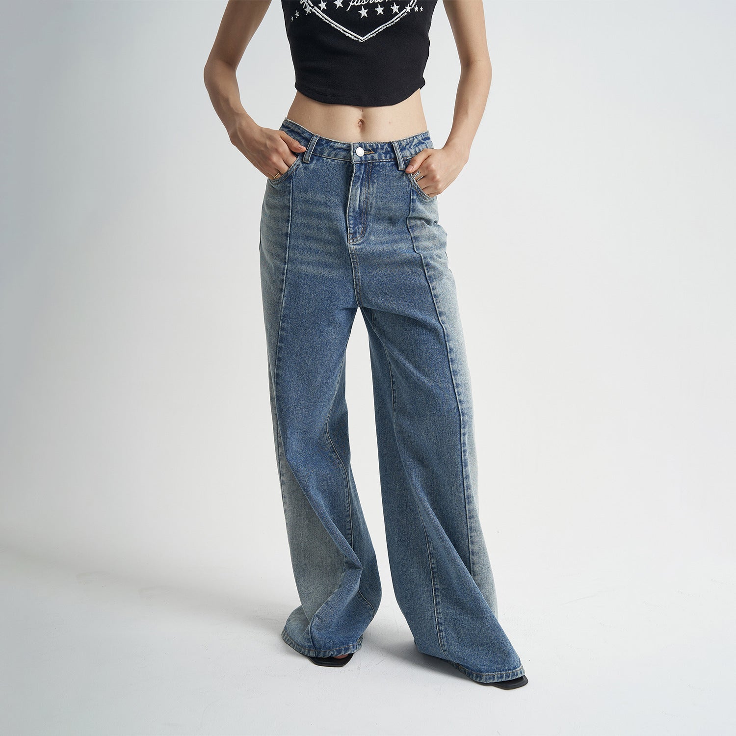 Washed Blue Jeans Loose Stitching Women Washed Blue Jeans Loose Stitching Women