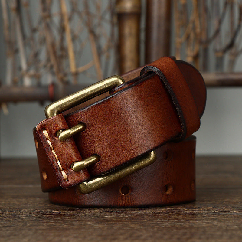 Men's Leather Belt Double Pin Buckle Men's Leather Belt Double Pin Buckle