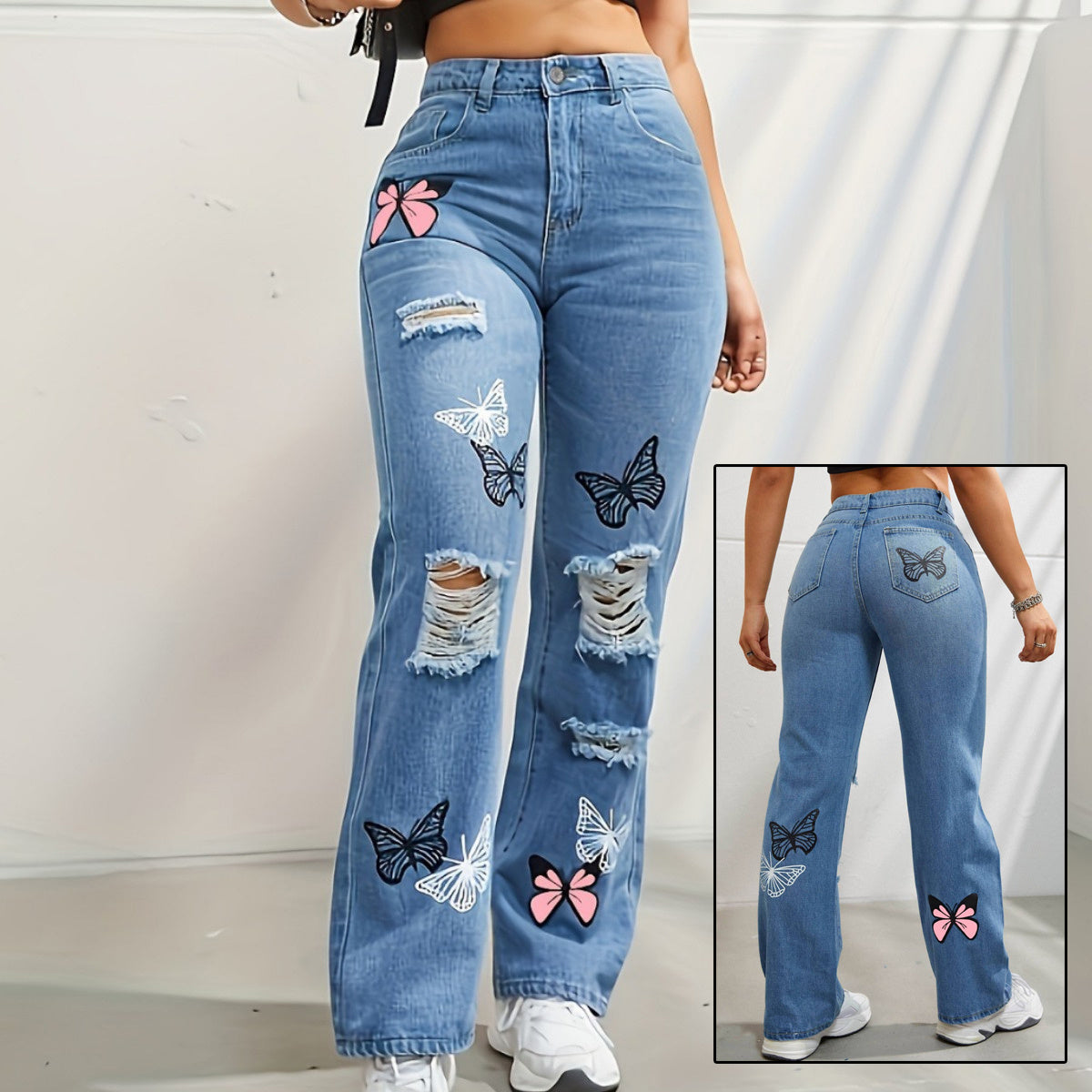 High Waisted Straight Leg Jeans For Women Trendy Butterfly Print Ripped Distressed Denim Pants High Waisted Straight Leg Jeans For Women Trendy Butterfly Print Ripped Distressed Denim Pants