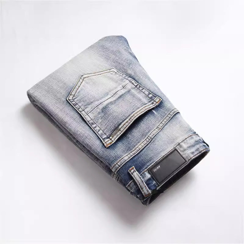 Men's Hole Patch Blue Small Feet Jeans Men's Hole Patch Blue Small Feet Jeans