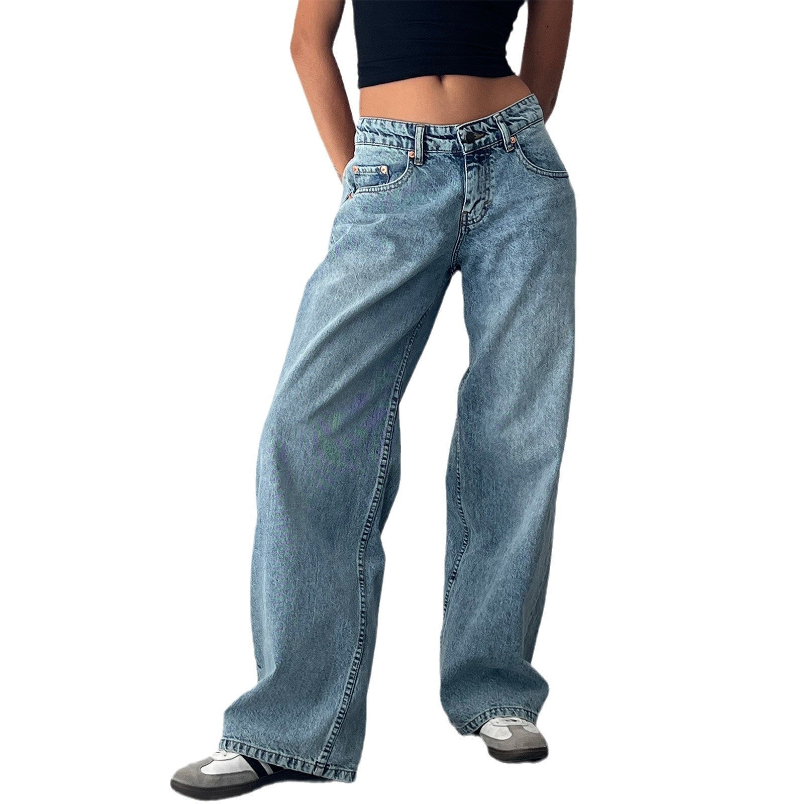 Retro Low Waist Non-elastic Washed Straight Jeans For Women Retro Low Waist Non-elastic Washed Straight Jeans For Women