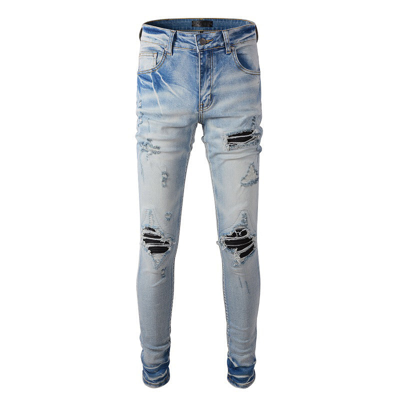High Street Fashion Brand Light Blue Hole & Patch Stretch Slim Fit Skinny Jeans For Men High Street Fashion Brand Light Blue Hole & Patch Stretch Slim Fit Skinny Jeans For Men