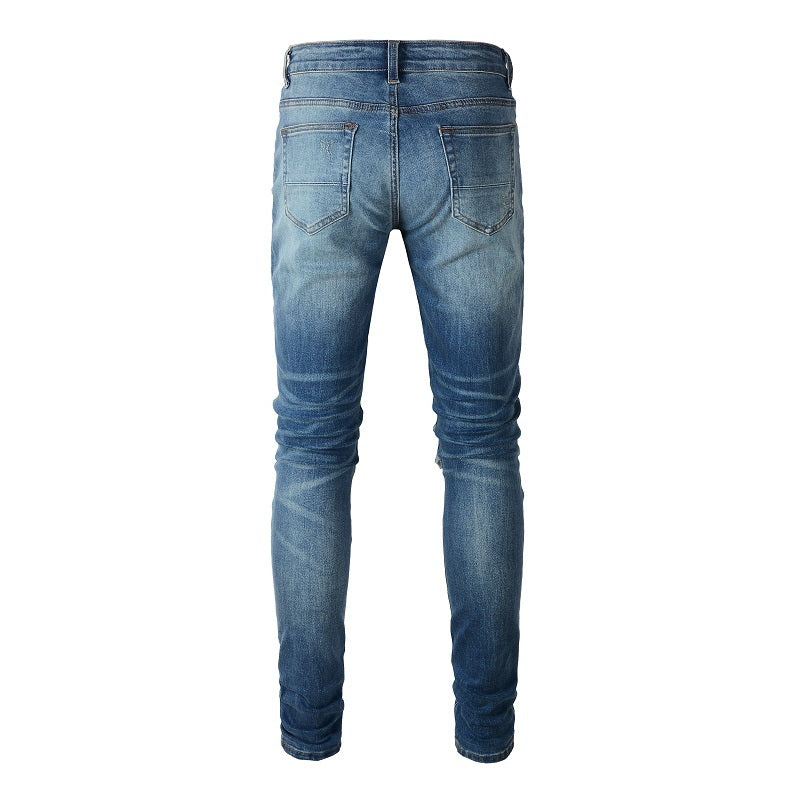 Leather Patching, Slimming, Worn-out Washed Jeans For Men Leather Patching, Slimming, Worn-out Washed Jeans For Men