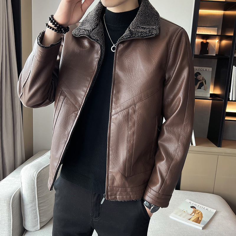 Hong Kong Style Velvet Padded Plus Size Men's Leather Jackets Hong Kong Style Velvet Padded Plus Size Men's Leather Jackets