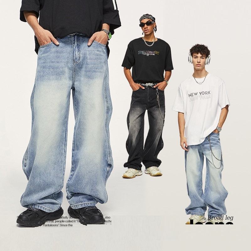 Street White Washed Wave Wide Leg Jeans Men Street White Washed Wave Wide Leg Jeans Men