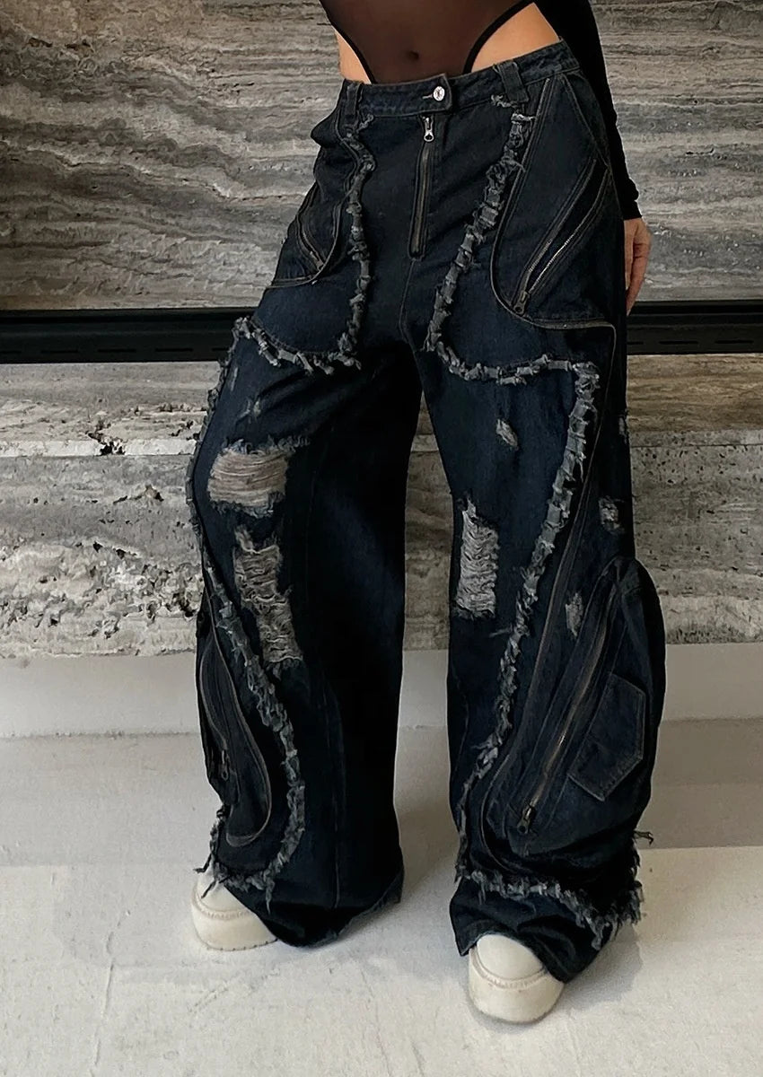 Baggy Distressed Wide-Leg Denim Jeans Baggy Distressed Wide-Leg Denim Jeans