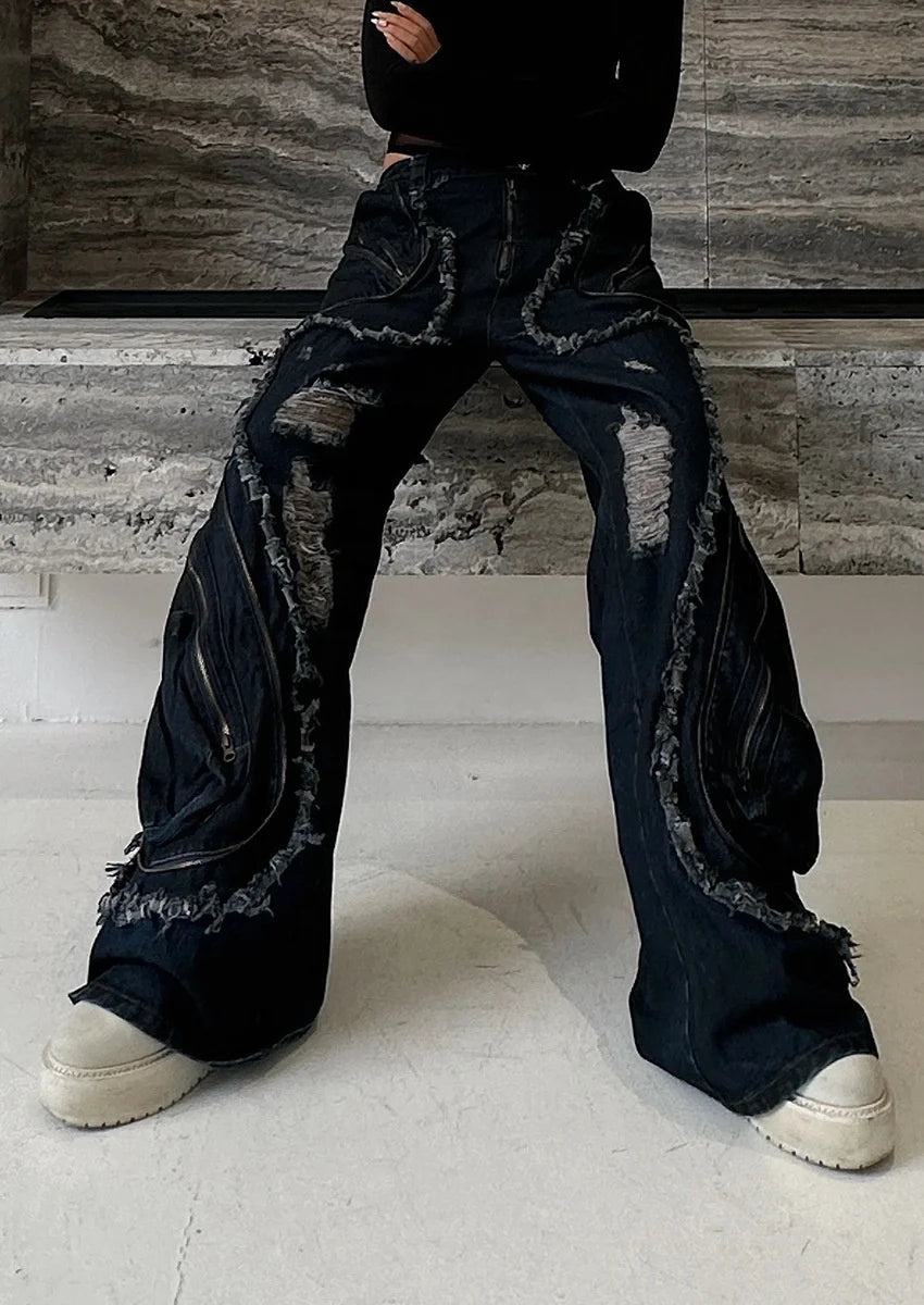 Baggy Distressed Wide-Leg Denim Jeans Baggy Distressed Wide-Leg Denim Jeans