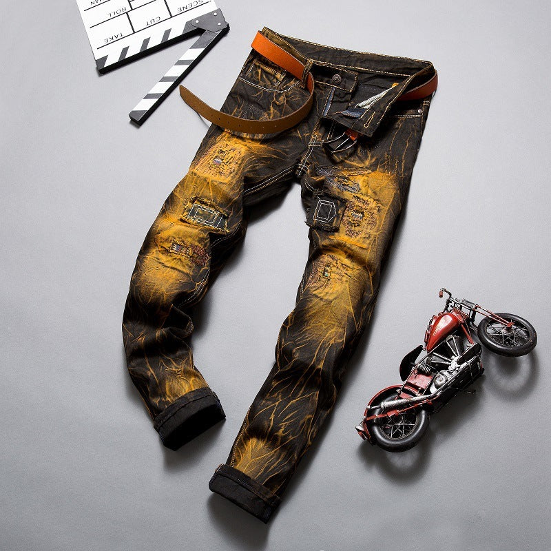 Distressed Slim Fit Straight-leg Denim Men's Broken Holes Pants