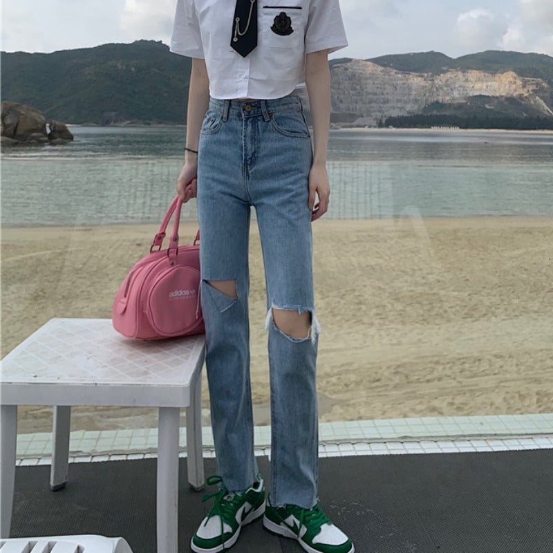 Summer Slim And Ripped Cropped Straight-leg Jeans For Women