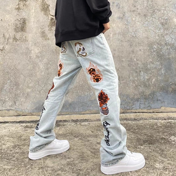 High Street Hip Hop Embroidered Back Jeans Korean Style Fashion Brand Stretch Slim Fit Skinny Pants Men