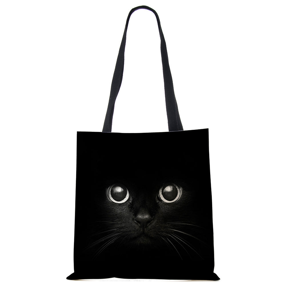 Black Cat Printed Linen Handbag