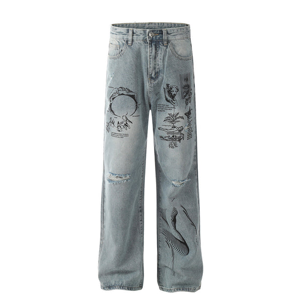 Graffiti Printing Ripped Jeans For Men