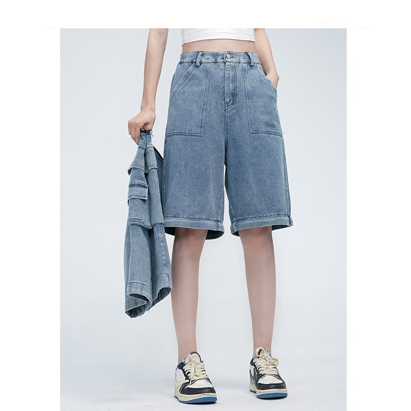 Two-way Detachable Tooling Style Worn Jeans Men And Women