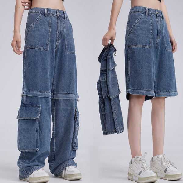 Two-way Detachable Tooling Style Worn Jeans Men And Women