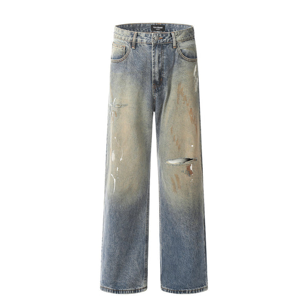 Yellow Mud Dyed Ripped Jeans For Men
