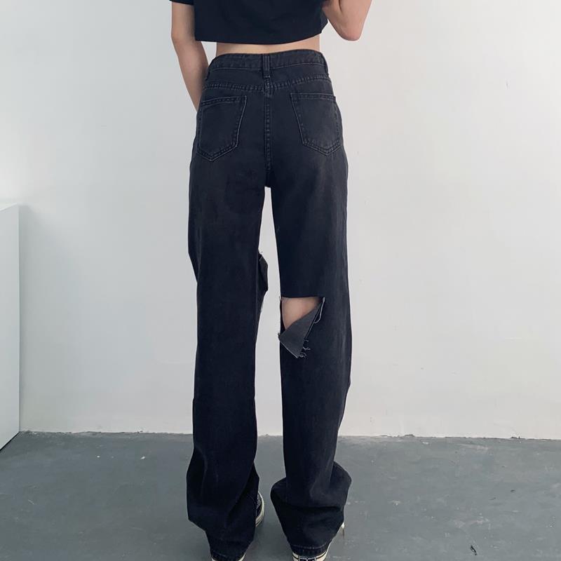 High Waist Ripped Loose Straight Leg Jeans Women Mopping Pants