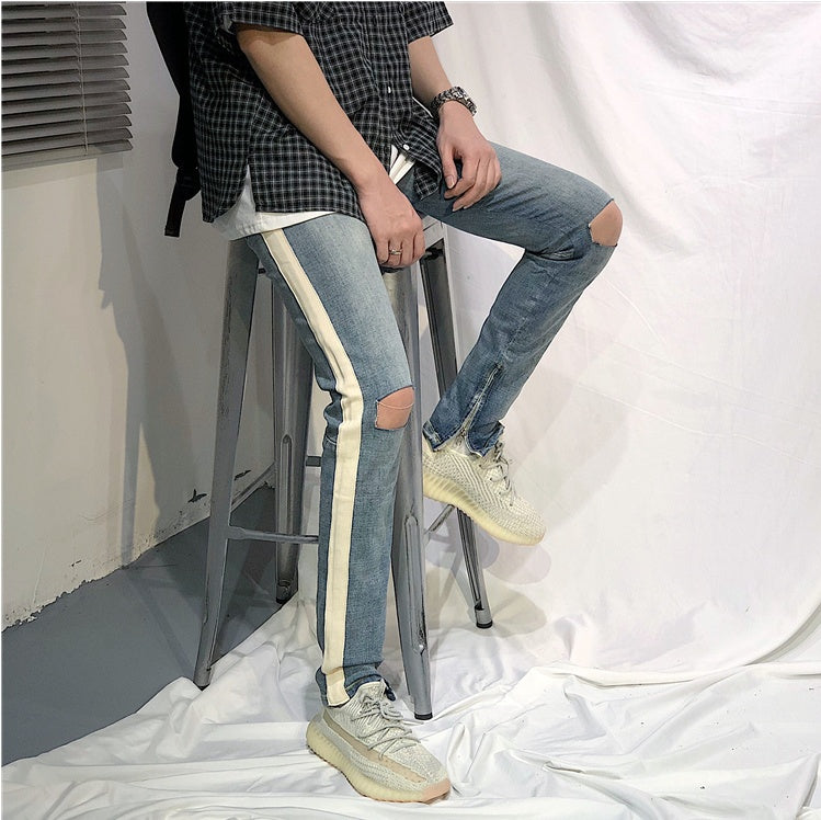 Summer European And American Street Hip.Hop Single Bar White Edge Pants Men''S Trend Slim Light Blue Cat Whiskers Pierced Jeans