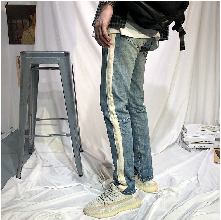 Summer European And American Street Hip.Hop Single Bar White Edge Pants Men''S Trend Slim Light Blue Cat Whiskers Pierced Jeans