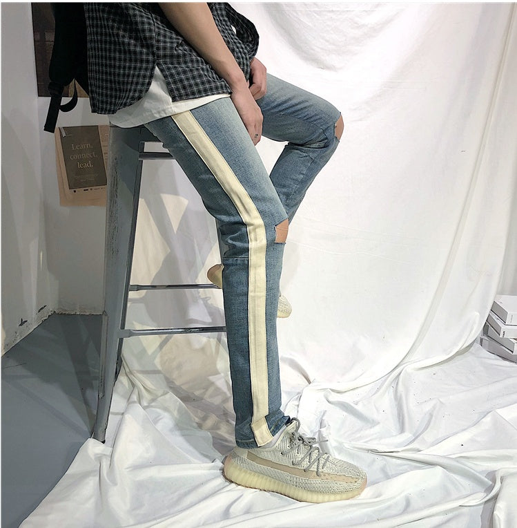 Summer European And American Street Hip.Hop Single Bar White Edge Pants Men''S Trend Slim Light Blue Cat Whiskers Pierced Jeans