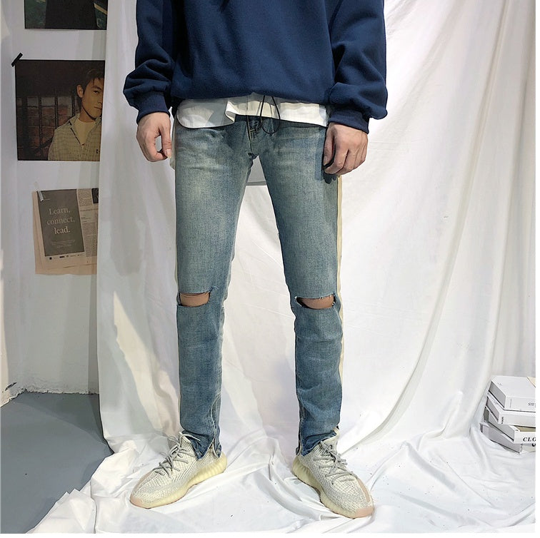 Summer European And American Street Hip.Hop Single Bar White Edge Pants Men''S Trend Slim Light Blue Cat Whiskers Pierced Jeans