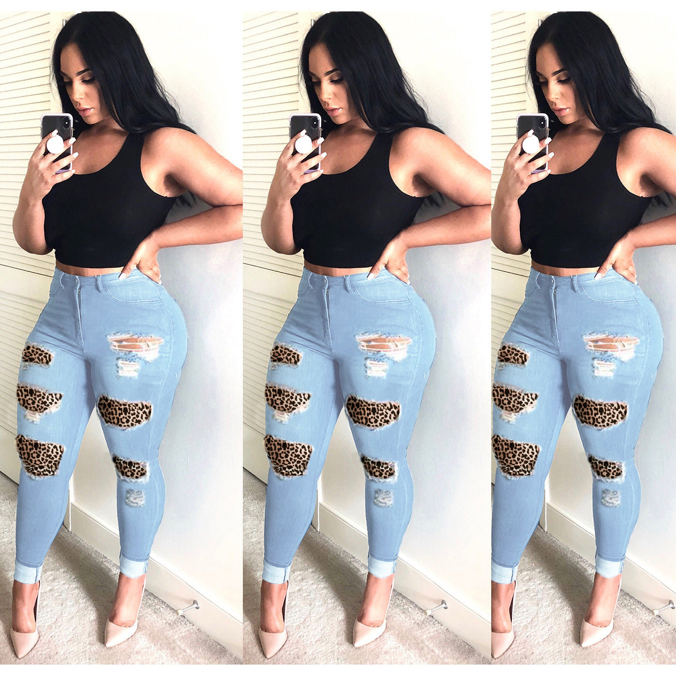 New European And American Wish Cross-Border Ebay Amazon Personality Big Hole Skinny Jeans Women