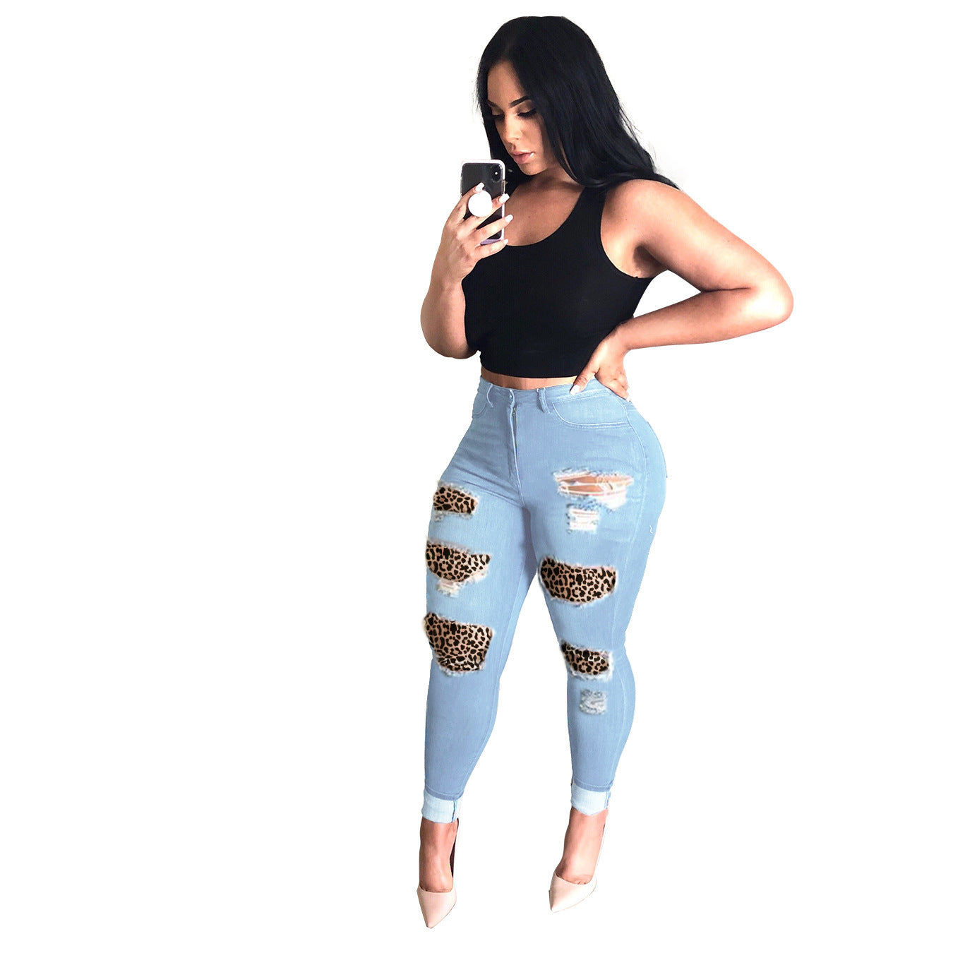 New European And American Wish Cross-Border Ebay Amazon Personality Big Hole Skinny Jeans Women
