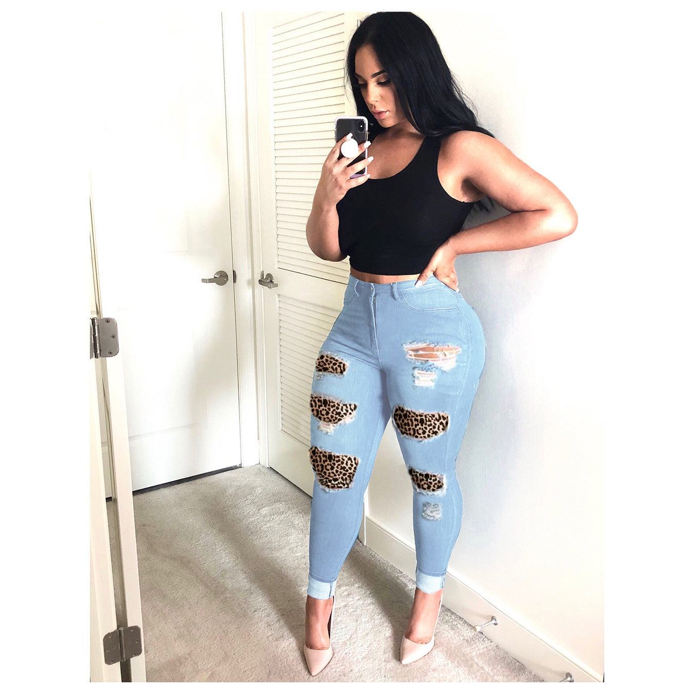 New European And American Wish Cross-Border Ebay Amazon Personality Big Hole Skinny Jeans Women