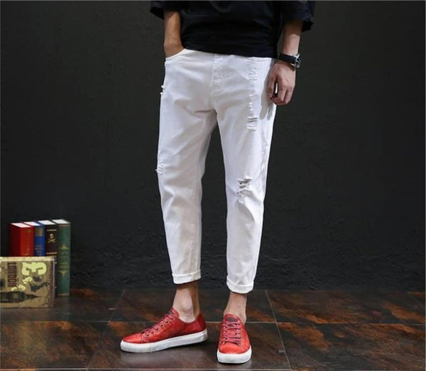 White Jeans Male Harem Pants Summer Ripped Jeans