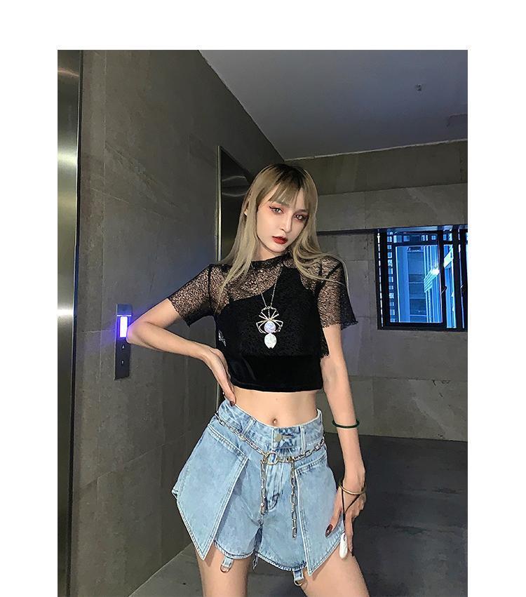 High street Jeans Women Splice Wide Leg Trousers Hip-hop cotton Loose Retro Chain Removable