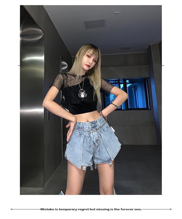 High street Jeans Women Splice Wide Leg Trousers Hip-hop cotton Loose Retro Chain Removable