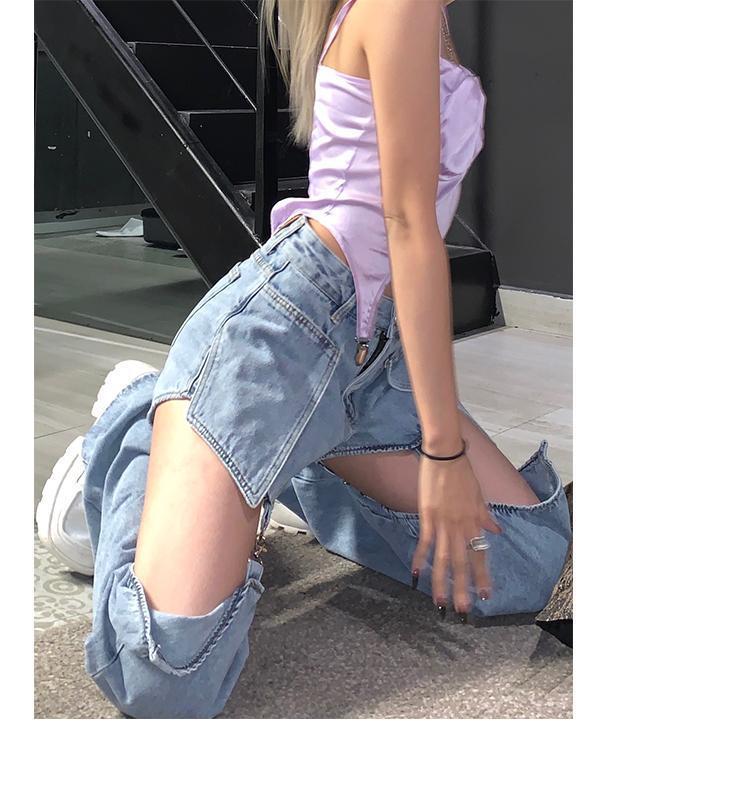 High street Jeans Women Splice Wide Leg Trousers Hip-hop cotton Loose Retro Chain Removable