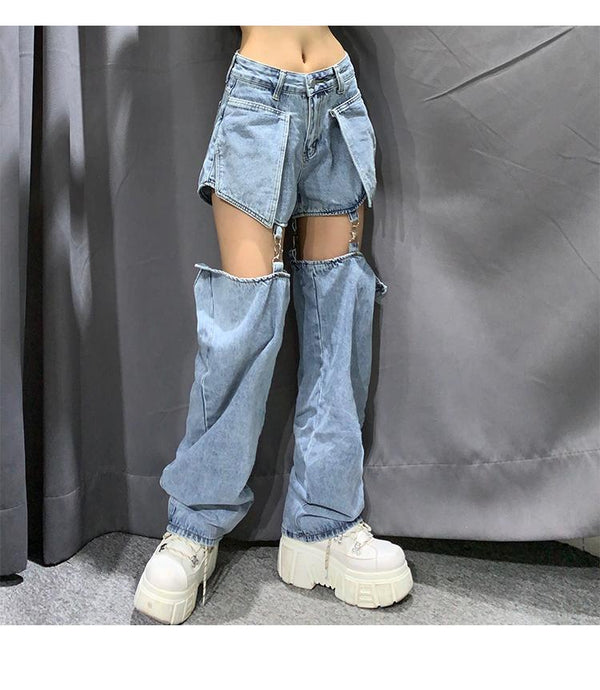 High street Jeans Women Splice Wide Leg Trousers Hip-hop cotton Loose Retro Chain Removable