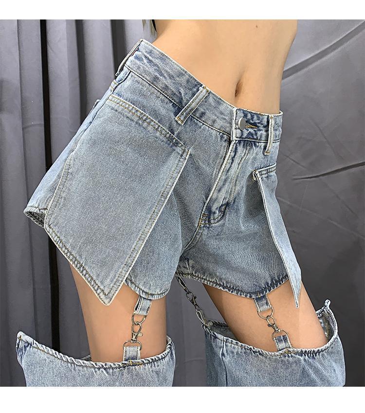 High street Jeans Women Splice Wide Leg Trousers Hip-hop cotton Loose Retro Chain Removable